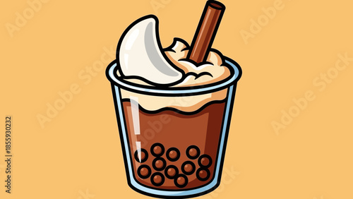 Delicious Bubble Tea with Cream and Tapioca Pearls Illustration.