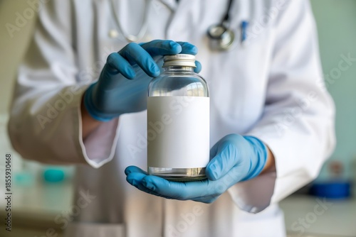 A scientist holding a tested medical supply sample bottle with blank label for mockup 