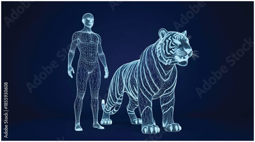 Digital entities: A wireframe human avatar and a majestic tiger rendered in a glowing wireframe. Vector wireframe illustration.