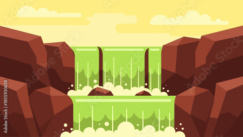 Majestic Waterfall Cascading Through Rocky Cliffs in a Serene Landscape.