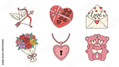 Valentine's Day Icon Set: An array of delightful icons, each a symbol of affection, featuring Cupid's arrow, a box of chocolates, a love letter, a bouquet of roses, a heart-shaped locket.