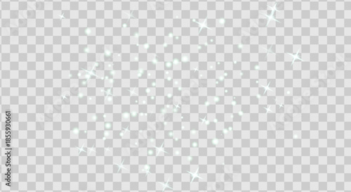 Green dust and small green stars on light background. Soft glowing particles for fresh and natural festive design.