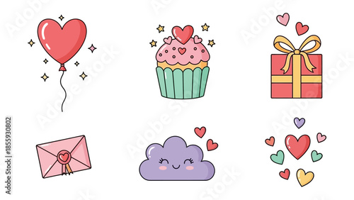 Valentine's Day Icon: A collection of heart-themed illustrations featuring a balloon, cupcake, present, letter, cloud, and various hearts, each exuding charm and romance.