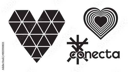 Geometric Love and Connection: Exploring the interplay of geometry and emotion, the image presents three distinct design elements: a segmented heart, a concentric heart, and a stylized conecta design.