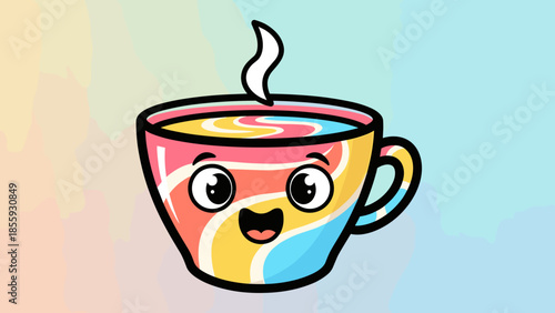 Cartoon Cup of Coffee with a Smiling Face and Rainbow Colors.