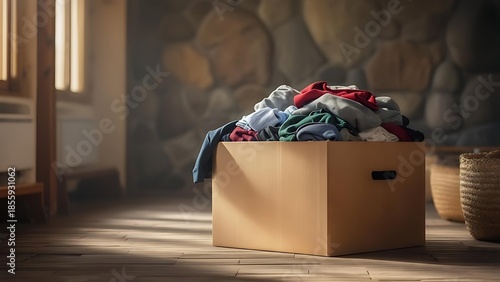 A cardboard box overflows with colorful folded clothes. Sunlight streams in, illuminating the scene near a stone wall