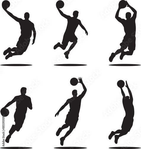Dynamic basketball player silhouettes in various action poses