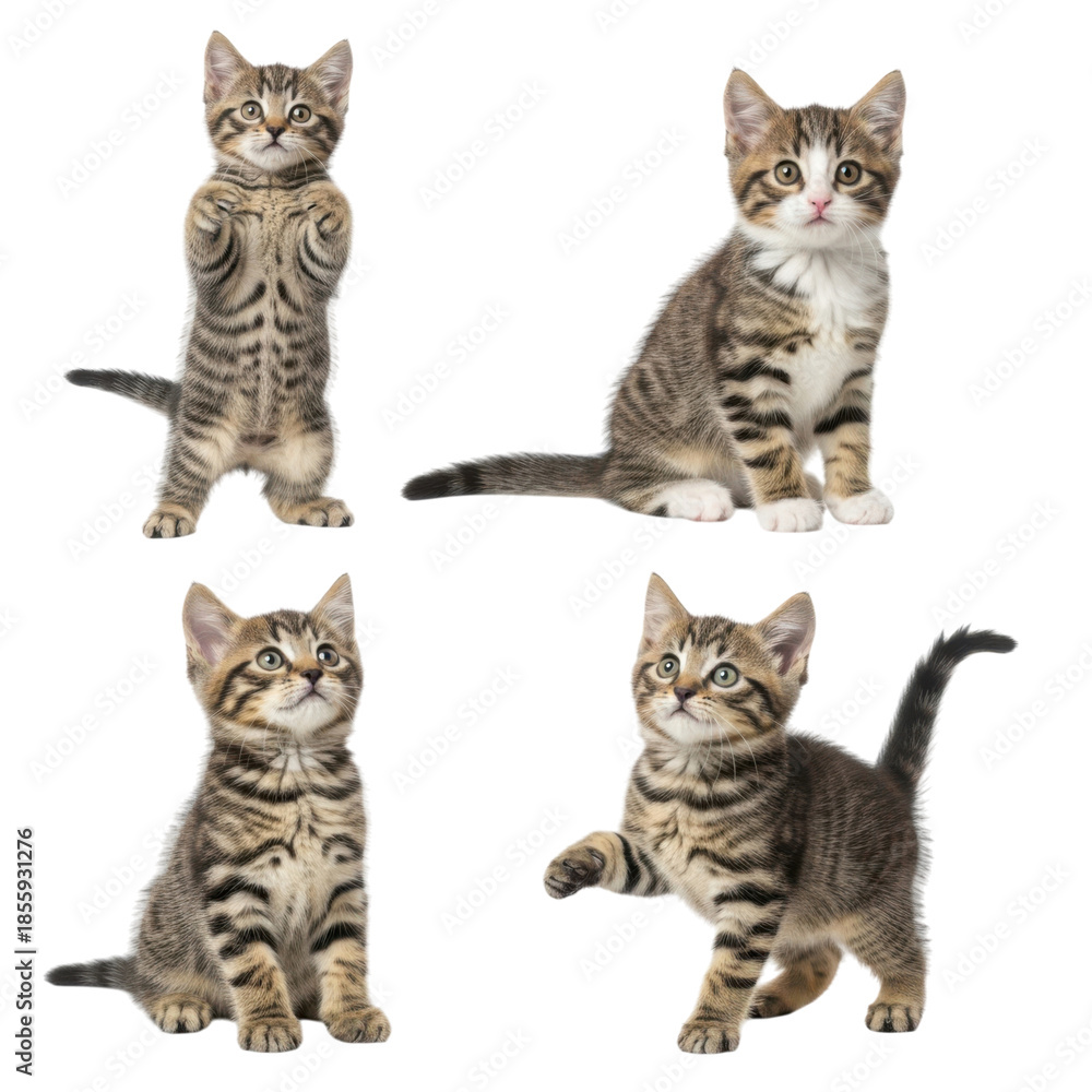 Fototapeta premium Four playful kitten poses isolated on transparent background
