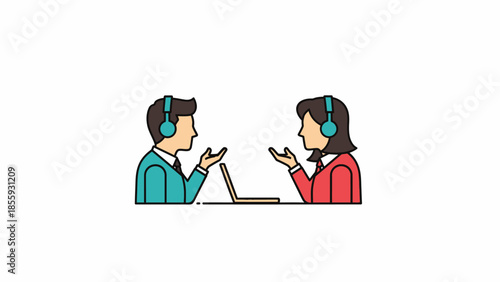 Two people wearing headphones talking over a laptop.