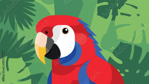 Modern vector illustration of close up colorful parrot with tropical jungle background, bold flat style wildlife portrait, ideal for education and nature designs