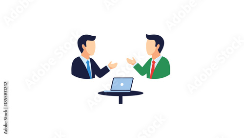 Two businessmen in suits discussing business with a laptop on a table.