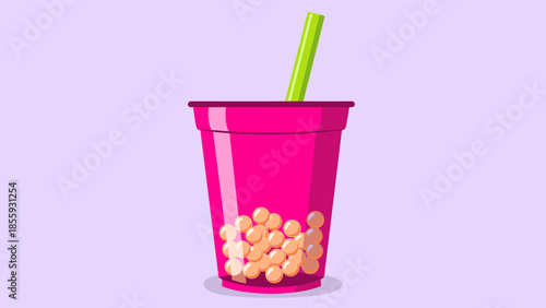 Pink Boba Tea Cup with Tapioca Pearls and Green Straw.