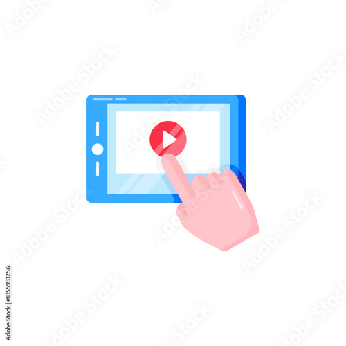 Hand touching play button on digital tablet. Flat vector for video streaming, multimedia, and online learning.