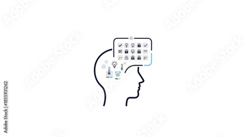 Human head silhouette with icons in thought bubble representing ideas and concepts.