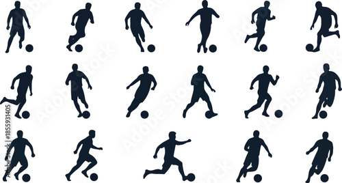Silhouettes of twenty-four soccer players in various dribbling poses
