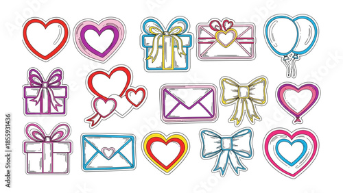 Hearts, Bows, and Gifts: A charming collection of hearts, bows, gift boxes, and envelopes, rendered in an appealing doodle style, perfect for conveying messages of affection and celebration. 