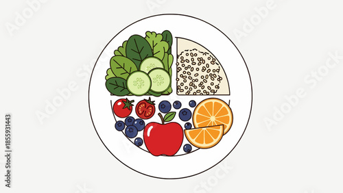 Balanced diet plate with fruits, vegetables, and grains