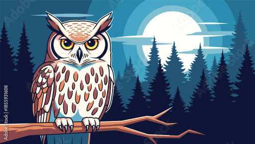 Modern vector illustration of close up owl perched on branch with night forest background, flat style wildlife portrait, ideal for education and nature themes