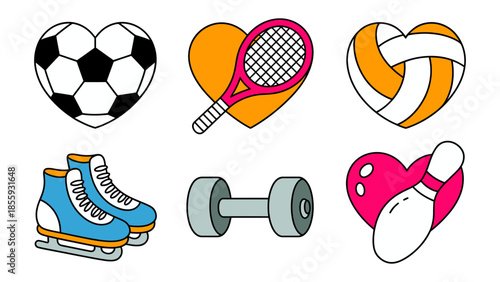 Sports-Themed Heart Icons: A vibrant collection of heart-shaped icons representing a variety of sports equipment, ideal for adding a sporty touch to any design.