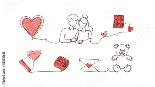 Love's Delicate Embrace: A tender illustration depicts a couple surrounded by the symbols of affection and connection, from a warm embrace to the promise of sweet treats.