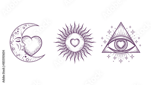 Mystical Symbols of Celestial Romance: Embrace the enchantment of cosmic elements intertwined with heartfelt affection in this artistic display of celestial bodies