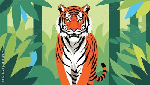 Modern vector illustration of close up tiger face with jungle background, bold flat style wildlife portrait, ideal for conservation and nature visuals