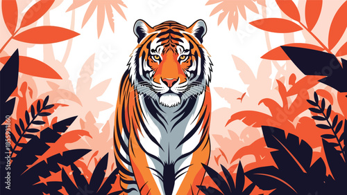 Modern vector illustration of close up tiger face with jungle background, bold flat style wildlife portrait, ideal for conservation and nature visuals
