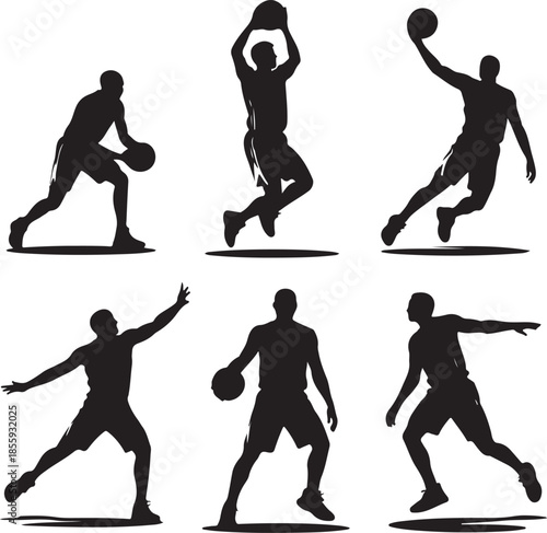 Dynamic basketball player silhouettes in various action poses