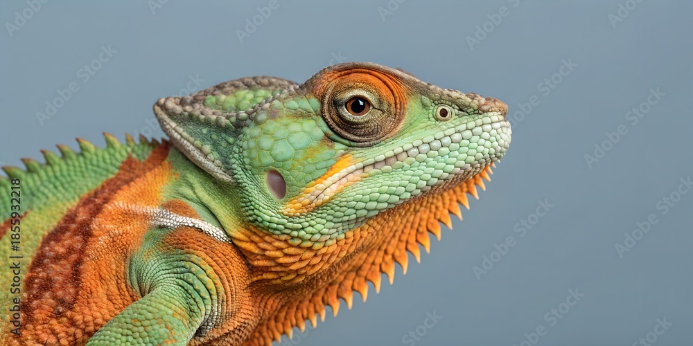 Obraz premium A close-up of a vibrant chameleon with green, orange, and red scales and a detailed eye against a soft gray background