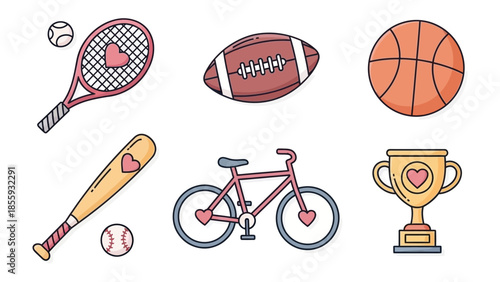 Sports Equipment Set: A delightful ensemble of sports gear, showcasing the thrill and variety of athletic pursuits, including tennis racket, a football, basketball, baseball, a bicycle and a trophy.