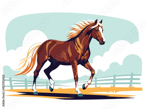 Modern vector illustration of close up horse head in open field background, elegant flat style animal portrait, ideal for rural and lifestyle designs