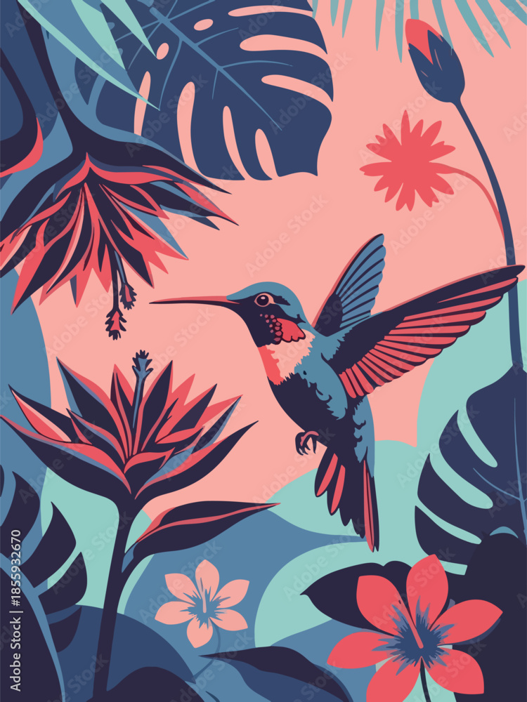 Fototapeta premium Modern vector illustration of close up hummingbird hovering near flower, flat style tropical wildlife portrait, ideal for nature and garden visuals