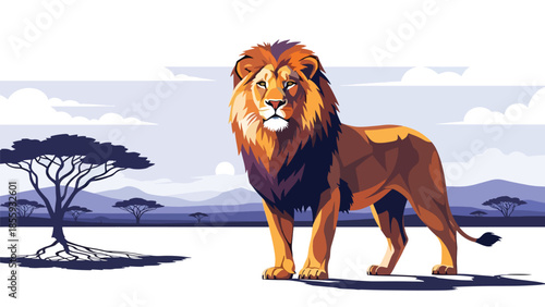 Modern vector illustration of close up lion face with savanna background, majestic flat style wildlife portrait, ideal for strength and leadership themes