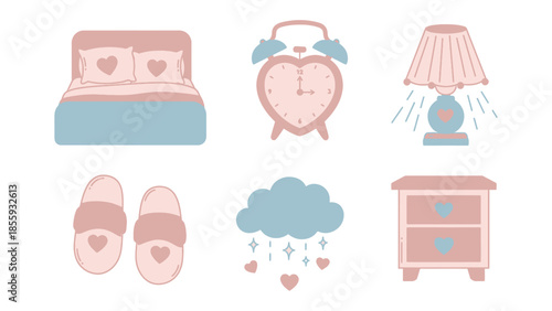 Dreamy Bedroom Decor: This enchanting illustration showcases a tranquil bedroom scene with a bed adorned with heart-shaped pillows, an alarm clock, a bedside lamp casting a soft glow.