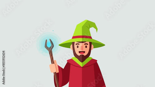Cartoon Wizard Character with Staff and Green Hat Illustration.