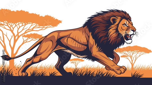 Modern vector illustration of close up lion face with savanna background, majestic flat style wildlife portrait, ideal for strength and leadership themes