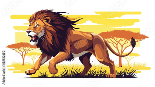 Modern vector illustration of close up lion face with savanna background, majestic flat style wildlife portrait, ideal for strength and leadership themes