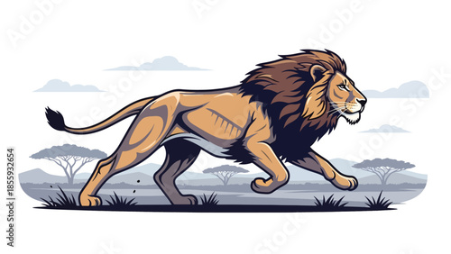 Modern vector illustration of close up lion face with savanna background, majestic flat style wildlife portrait, ideal for strength and leadership themes
