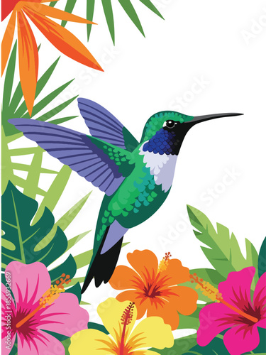 Modern vector illustration of close up hummingbird hovering near flower, flat style tropical wildlife portrait, ideal for nature and garden visuals