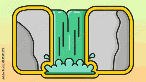 Cartoon Waterfall Illustration with Rocks and Water Stream.