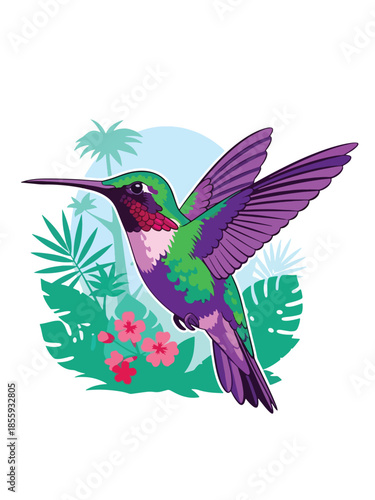 Modern vector illustration of close up hummingbird hovering near flower, flat style tropical wildlife portrait, ideal for nature and garden visuals