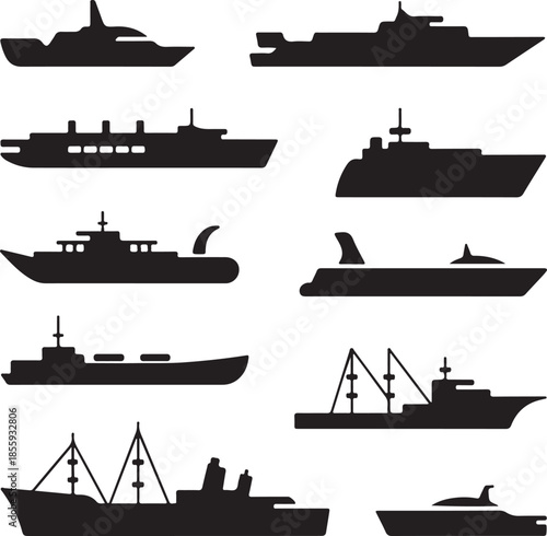 Set of Various Warships and Naval Vessels Silhouettes