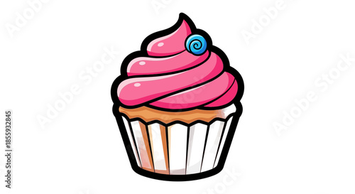 Delicious Cupcake with Pink Frosting and Blue Candy Topping.
