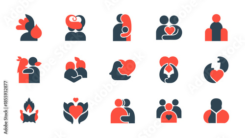Love and compassion Icons: A collection of various icons depicting concepts of love, relationship and compassion, ideal for use in design projects.