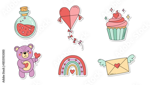 Valentine's Day Icon Set: A collection of charming Valentine's Day icons, each conveying sentiments of love and affection. Featuring a love potion, heart-shaped kite, cupcake, teddy bear, rainbow.