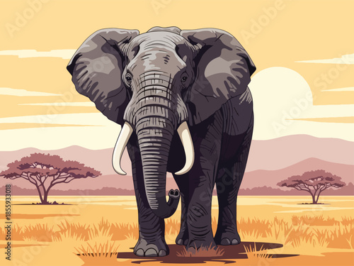Modern vector illustration of close up elephant face with savanna background, gentle flat style wildlife portrait, ideal for conservation and education visuals