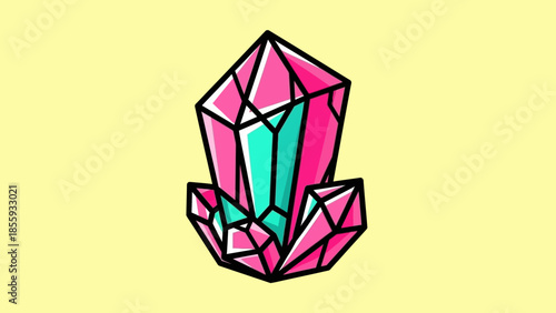 Vibrant Pink and Teal Crystal Formation with Bold Black Outlines.