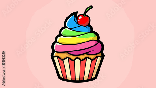 Colorful Cartoon Cupcake with Cherry Topping on a Pink Background.