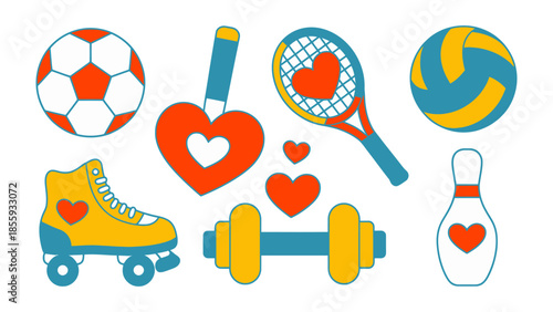 Sports Love: A charming assortment of sports-related elements, playfully adorned with hearts, offers a visual celebration of passion for various games and activities.