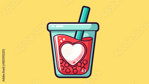 Charming Boba Tea Illustration with Heart-Shaped Pearl and Straw.